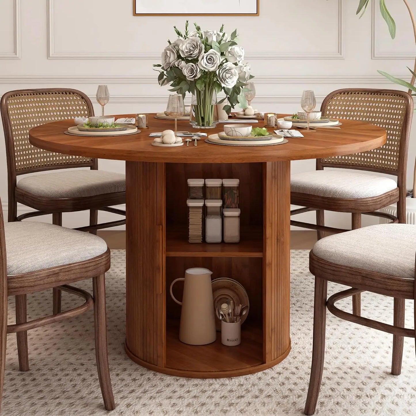 XMSJ Modern Round Dining Table For Four With Hidden Storage