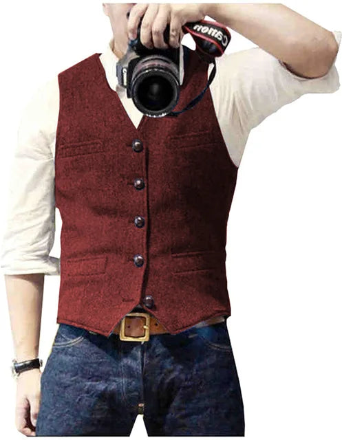 Solovedresscn Mens V Neck Wool Herringbone Vest Slim Fit