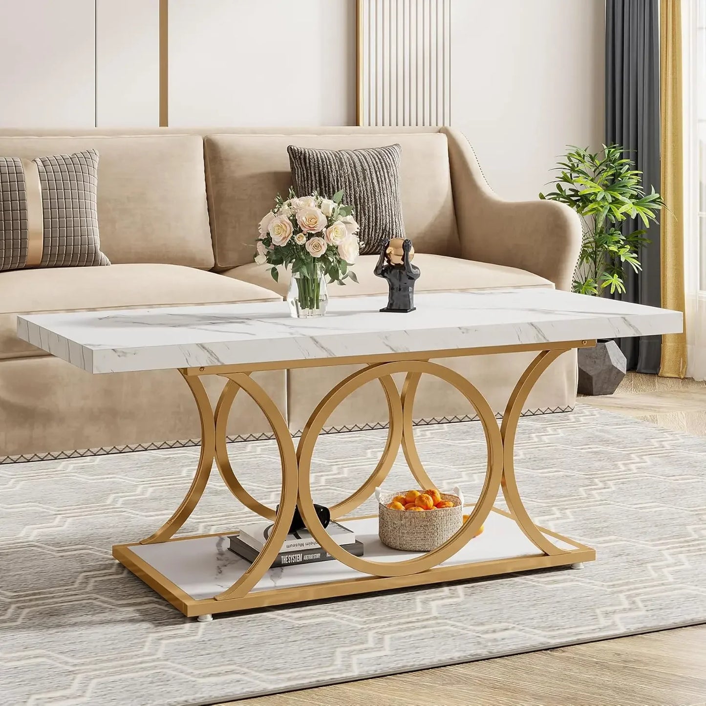 XMSJ Modern Rectangle Coffee Table with Storage Shelf