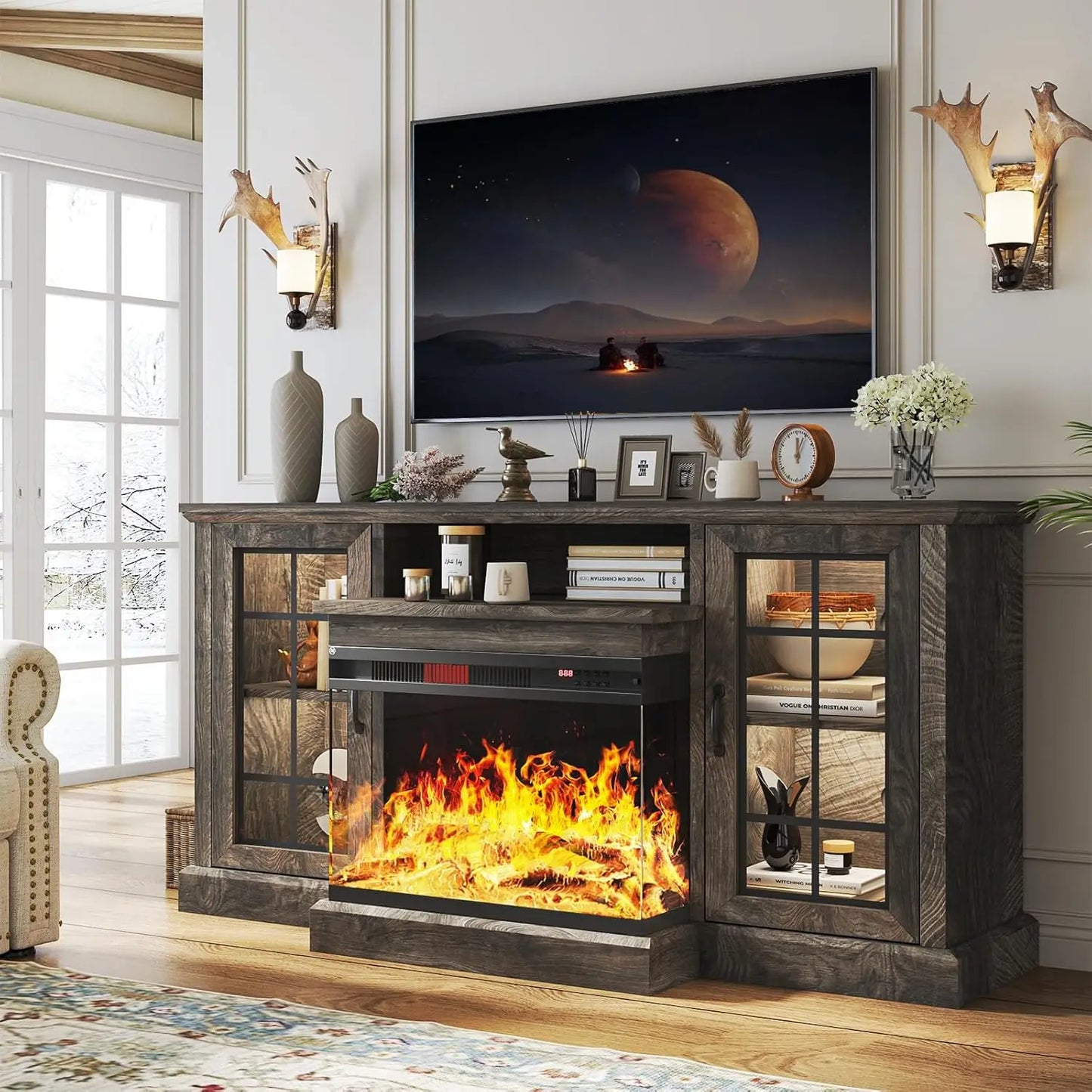 Fireplace TV Stand With Glass Sides And LED Flame Effect