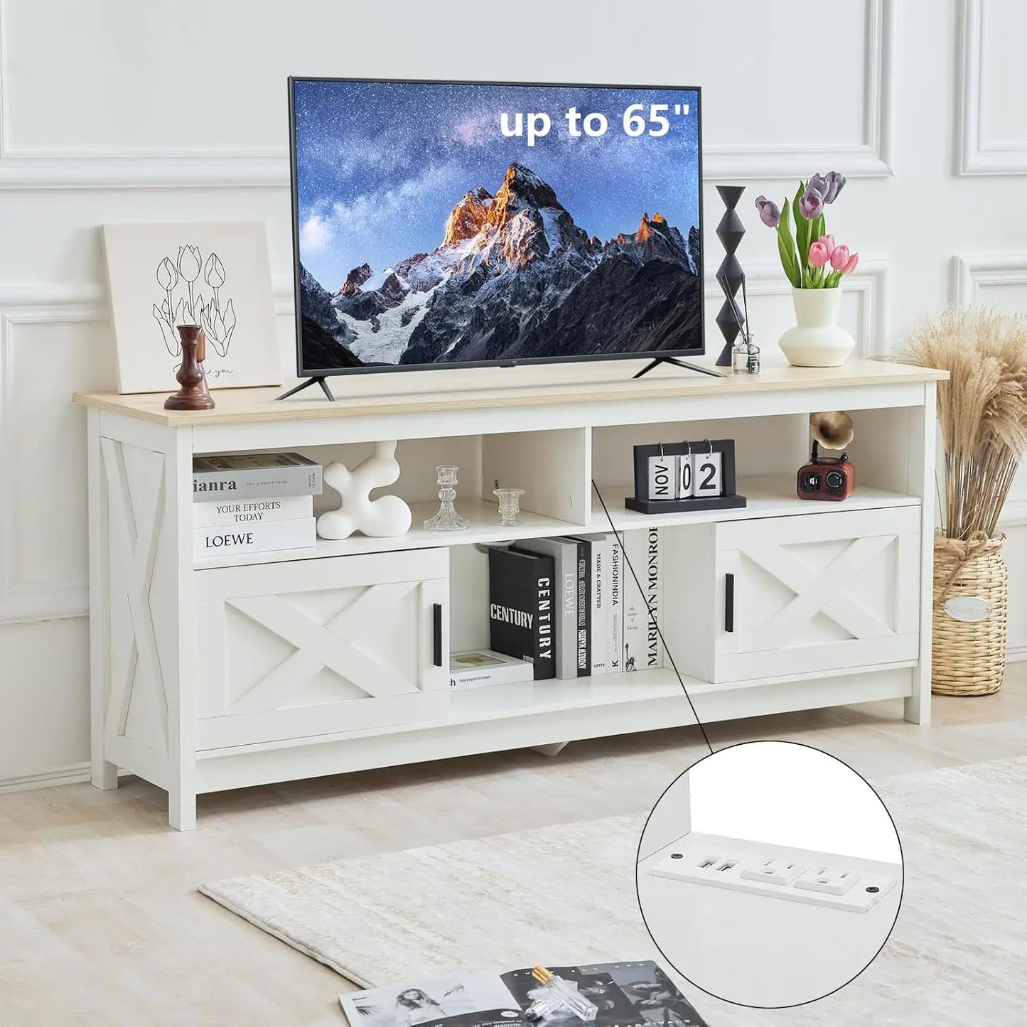 Premium TV Stand With Storage Cabinet And Open Shelves