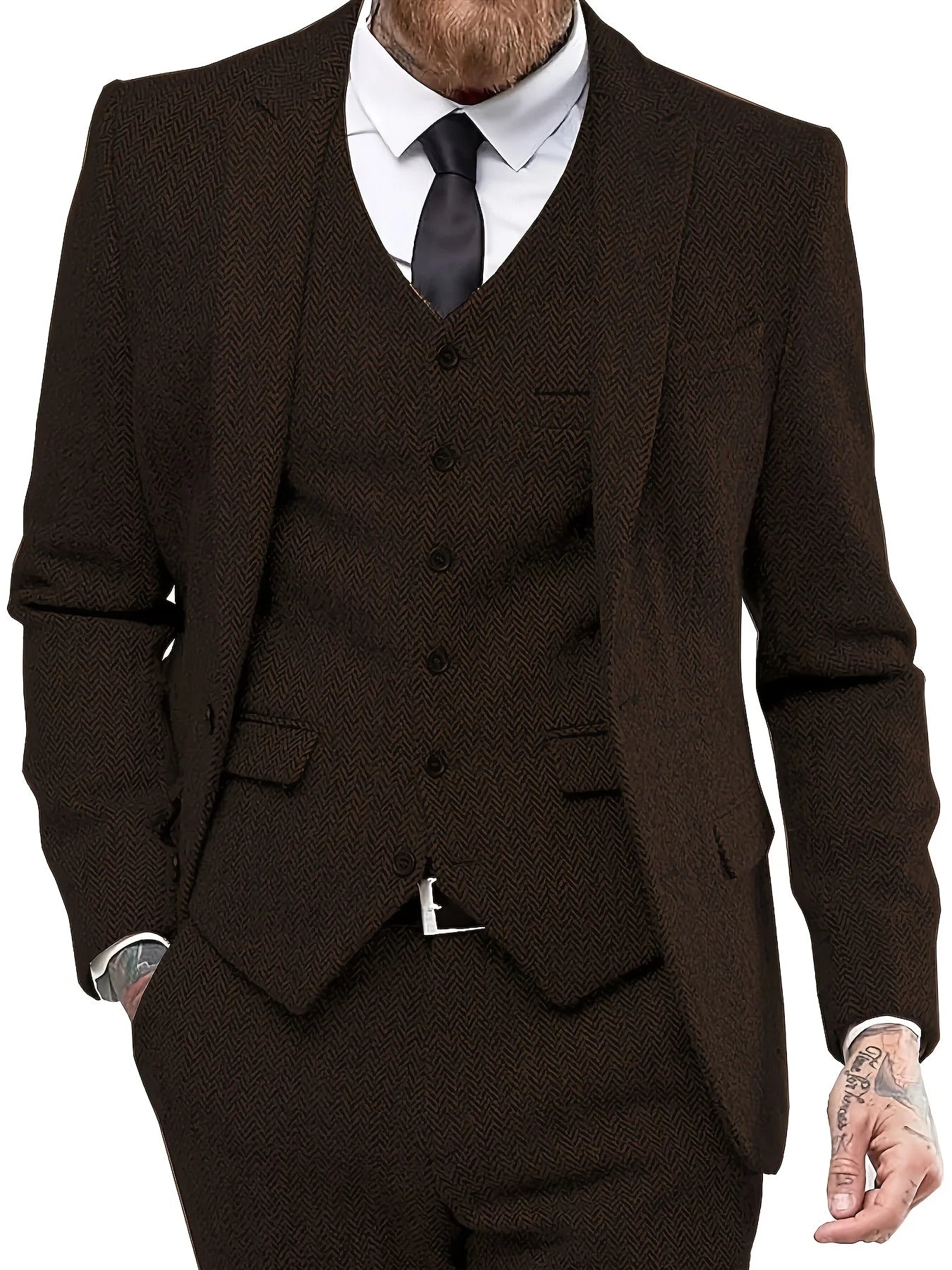 SOLOVEDRESSCN Elegant Tweed Herringbone Three Piece Suit