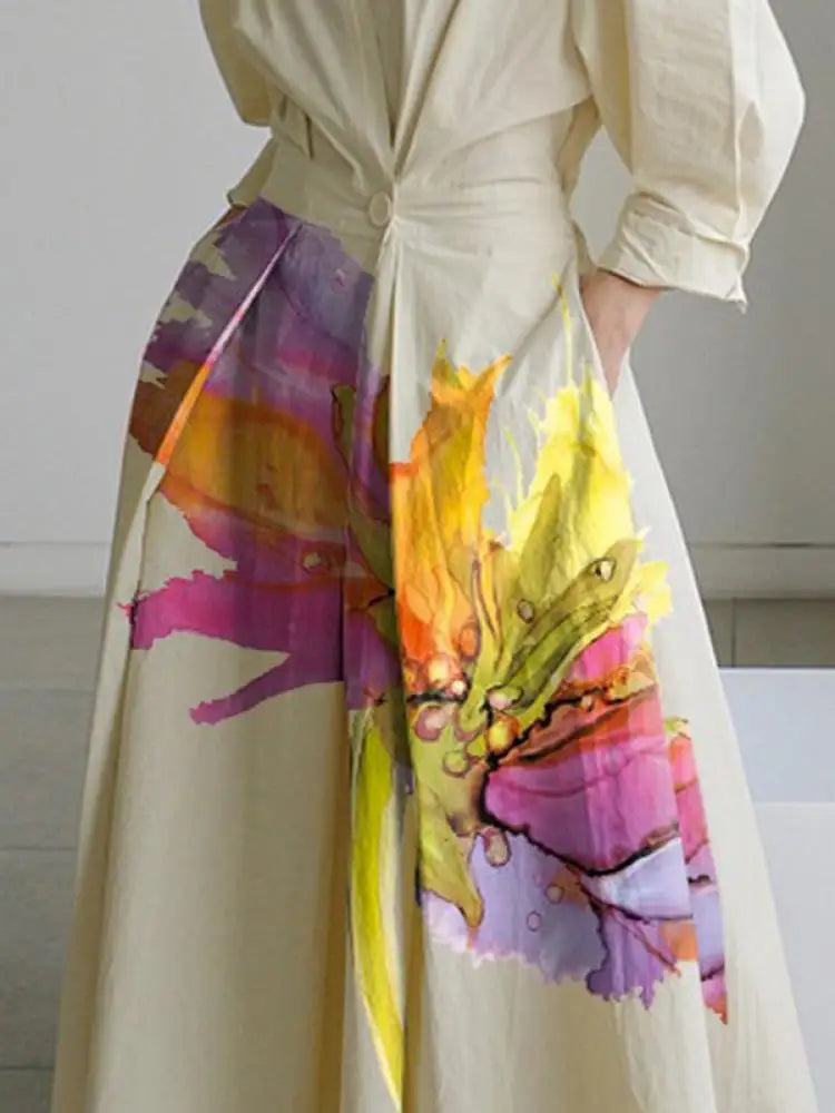 OSHOPLIVECN Floral Lapel Dress With Pleated High Waist