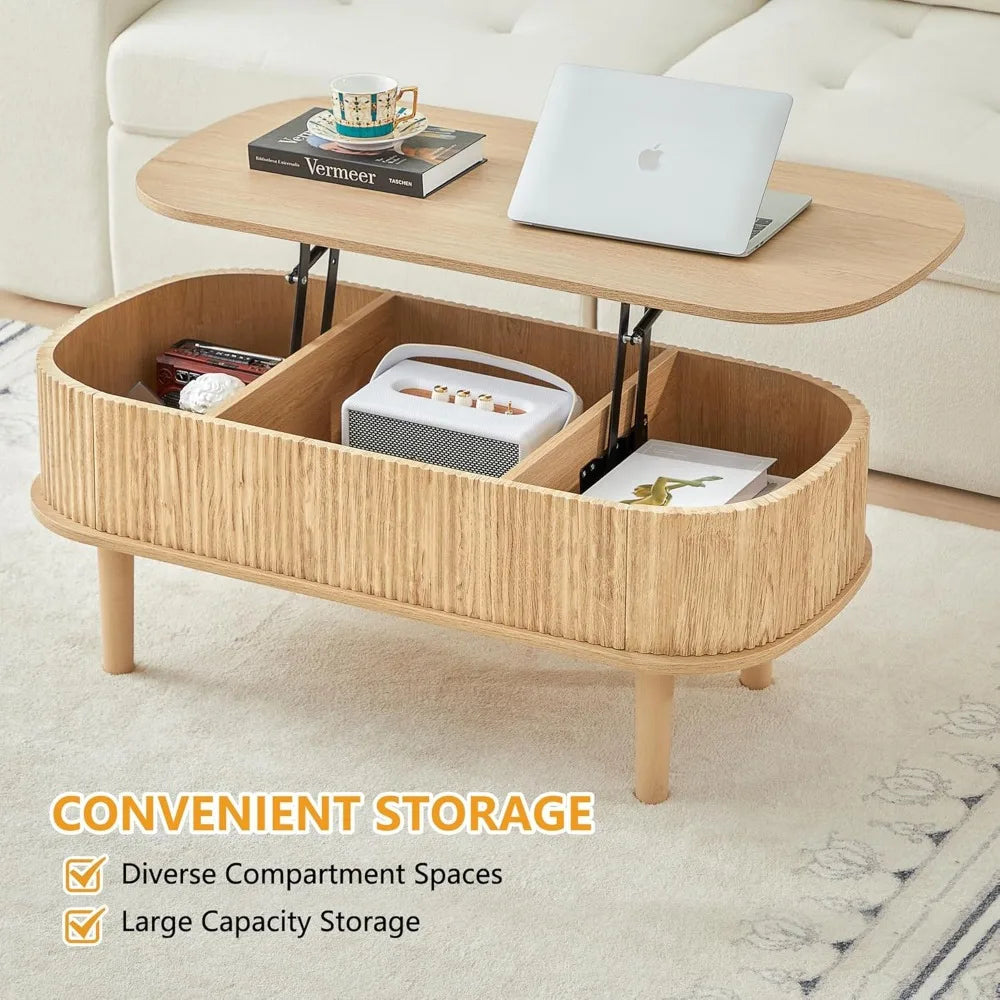 XUYUAN Modern Oval Lift-Top Coffee Table with Hidden Storage