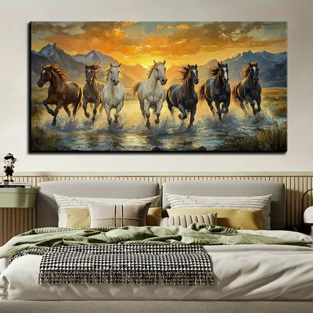 Cheervilla Seven Horse Feng Shui Canvas Wall Art Pine Frame