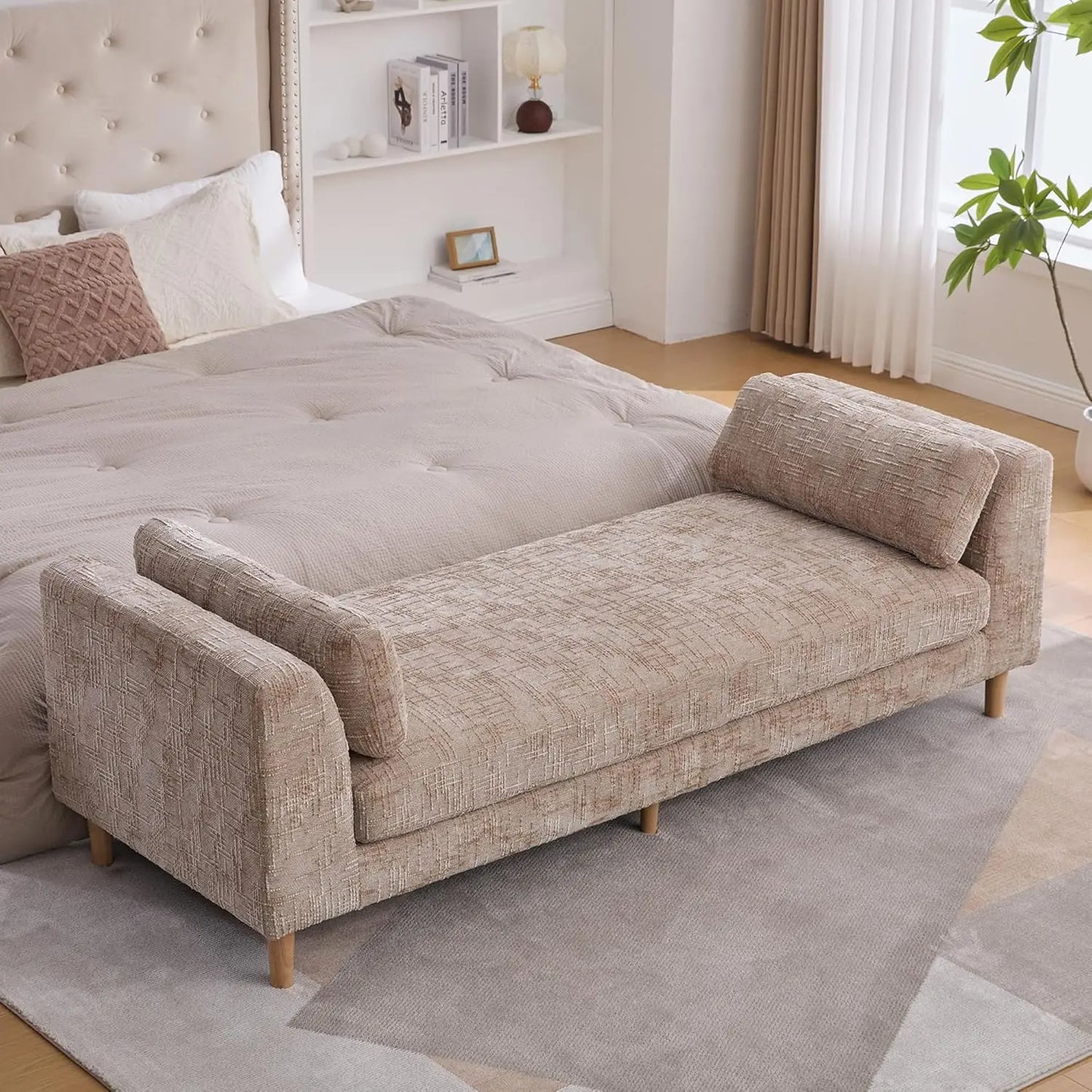 HUANZHUANG Chenille Chaise Bench With Armrests And Pillows