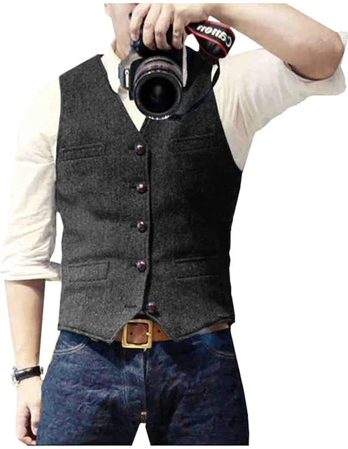 Solovedresscn Mens V Neck Wool Herringbone Vest Slim Fit
