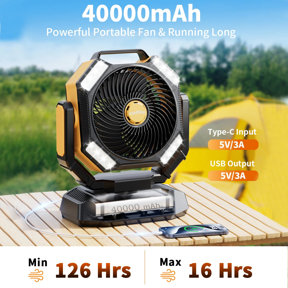 ColdSky 40000mAh Camping Fan Battery Operated Desk Fan