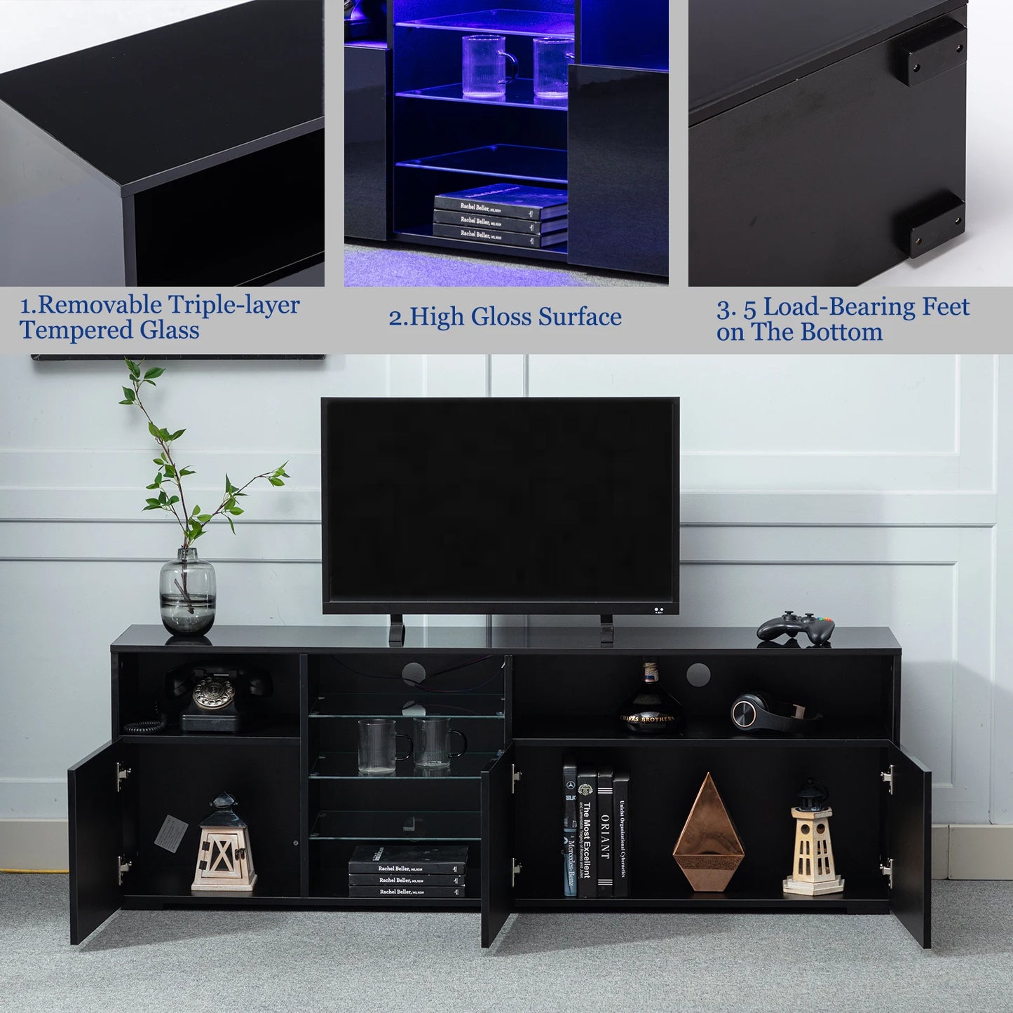 Cheervilla Modern TV Stand High Gloss Adjustable Shelves