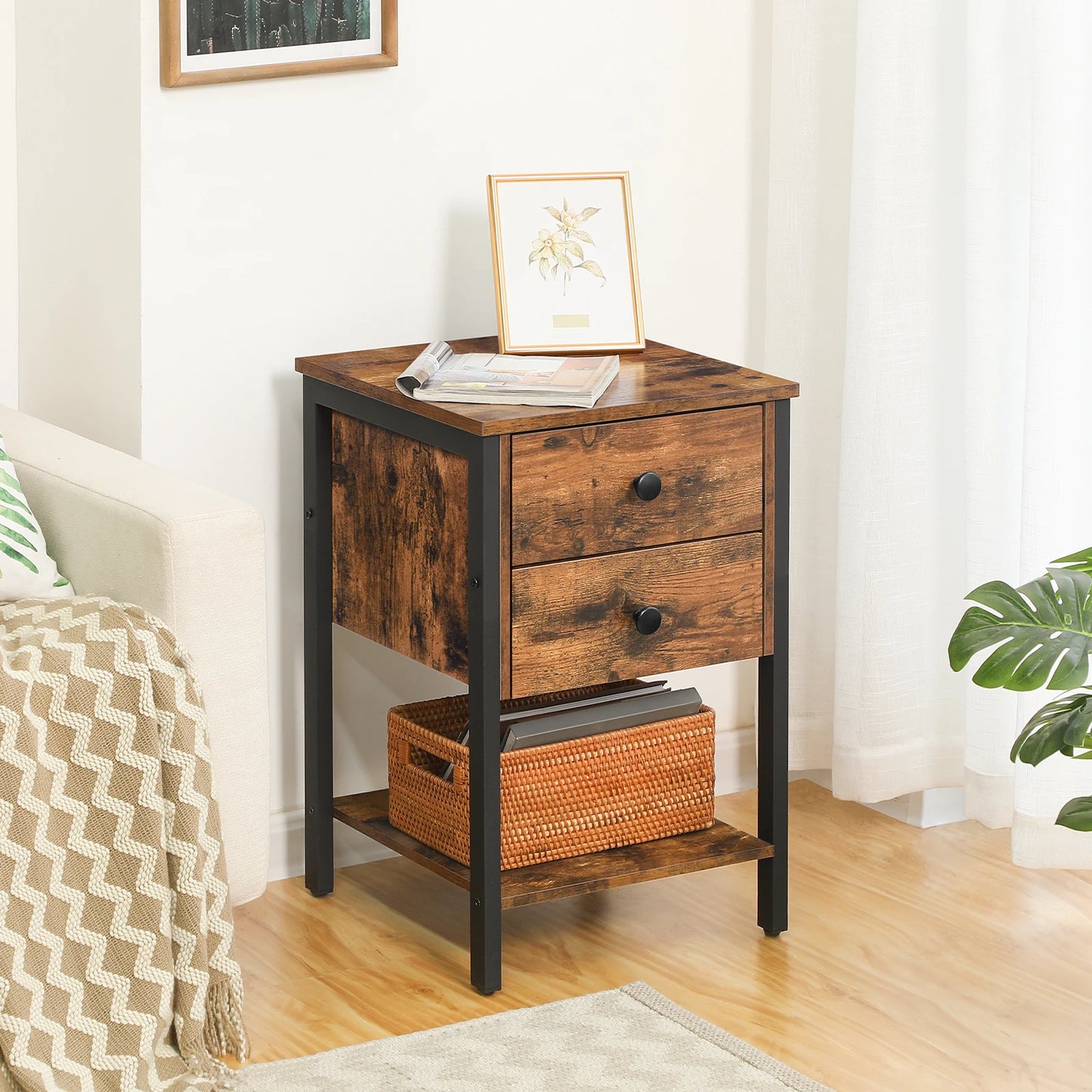 HOOBRO Industrial Nightstand With Drawers And Open Shelf