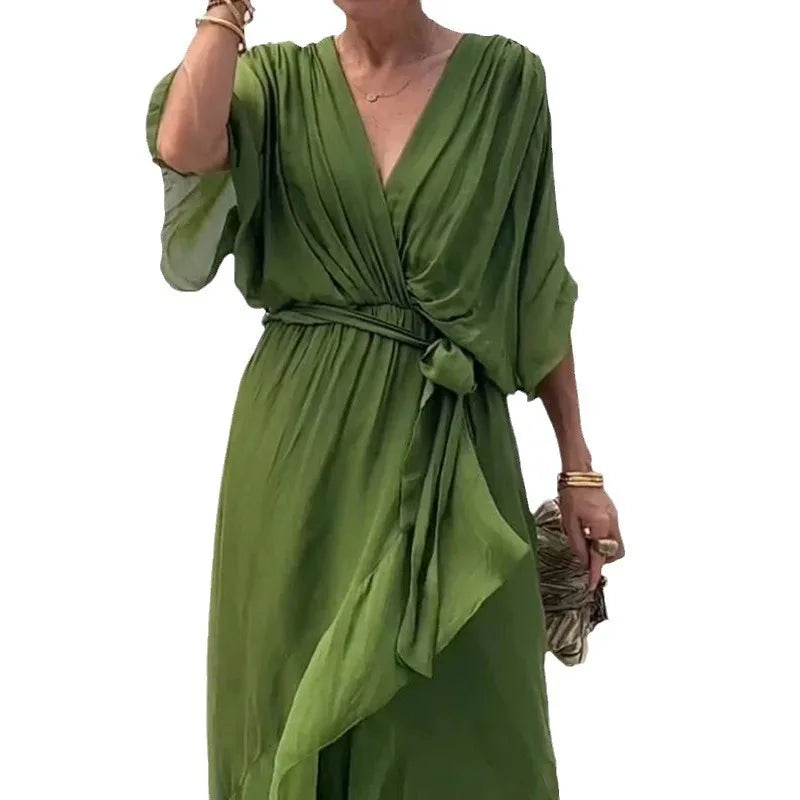 Lace Up Maxi Dress with V Neck Half Sleeve Women Casual