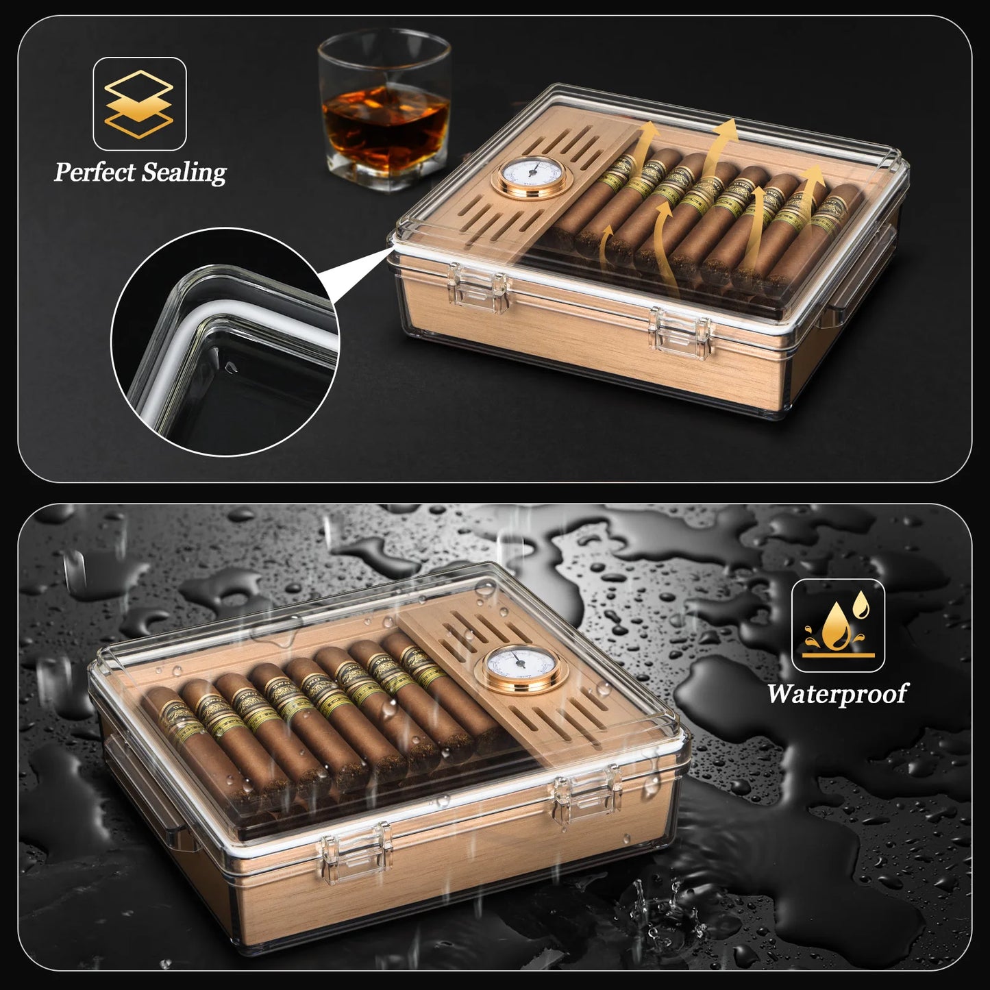 Tesonway Acrylic Cigar Humidor With Cedar Tray Hygrometer
