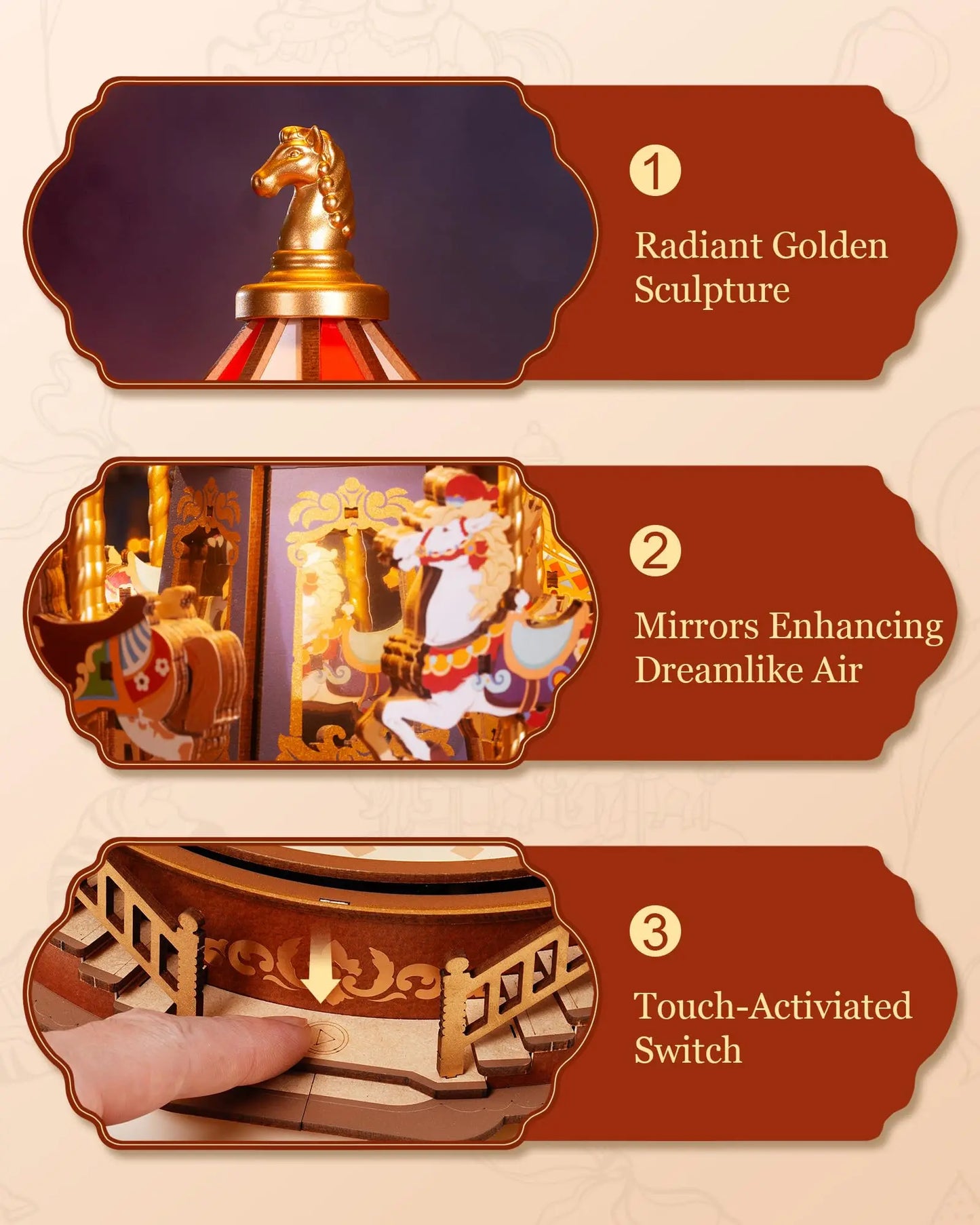 Robotime Rolife Classic Carousel Music Boxes Easy Assemble 3D Wooden Puzzle Moveable Design with Light Xmas Gifts for Family