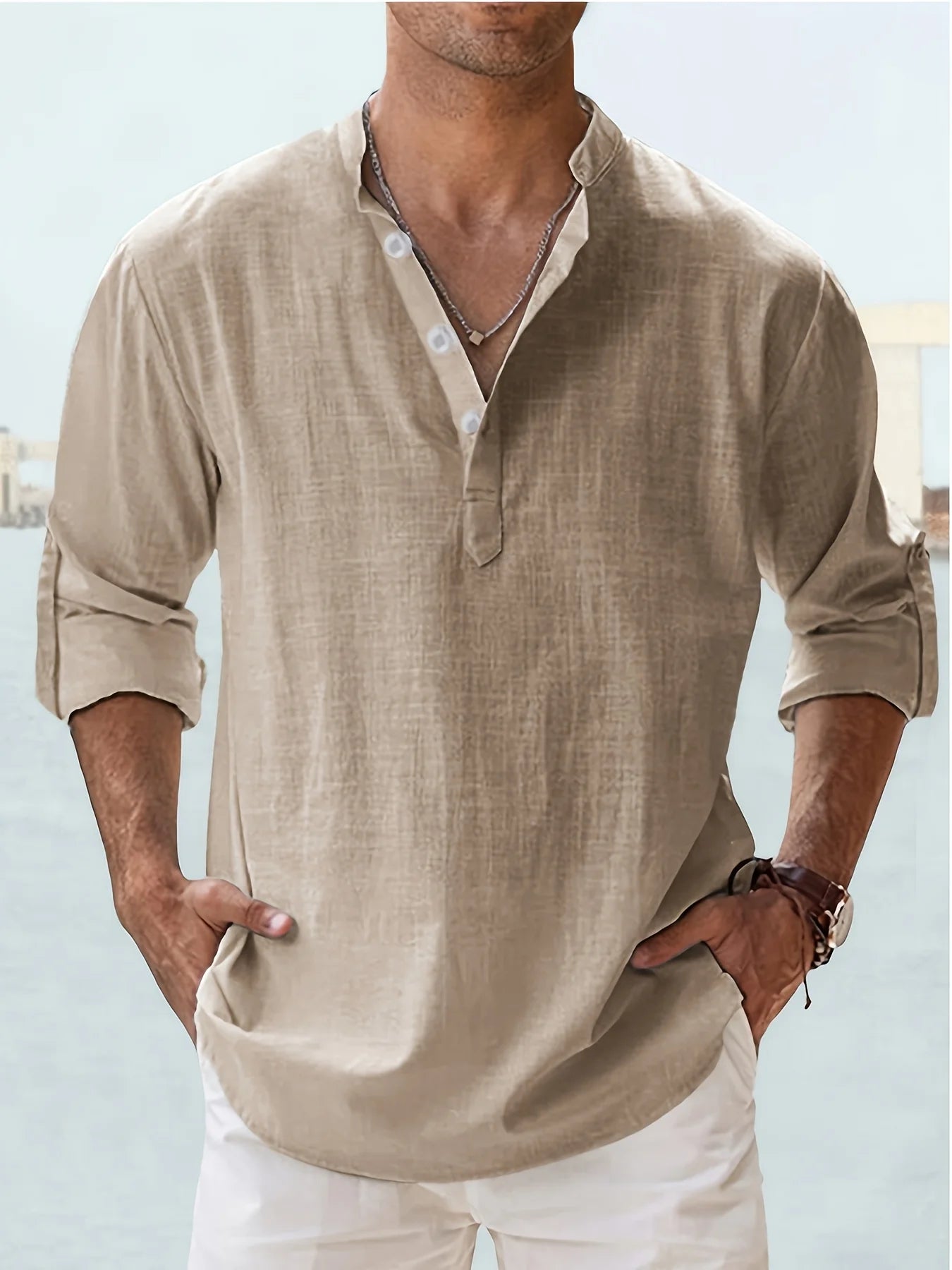 Men's Linen Stand Collar Long Sleeve Shirt Solid Pattern