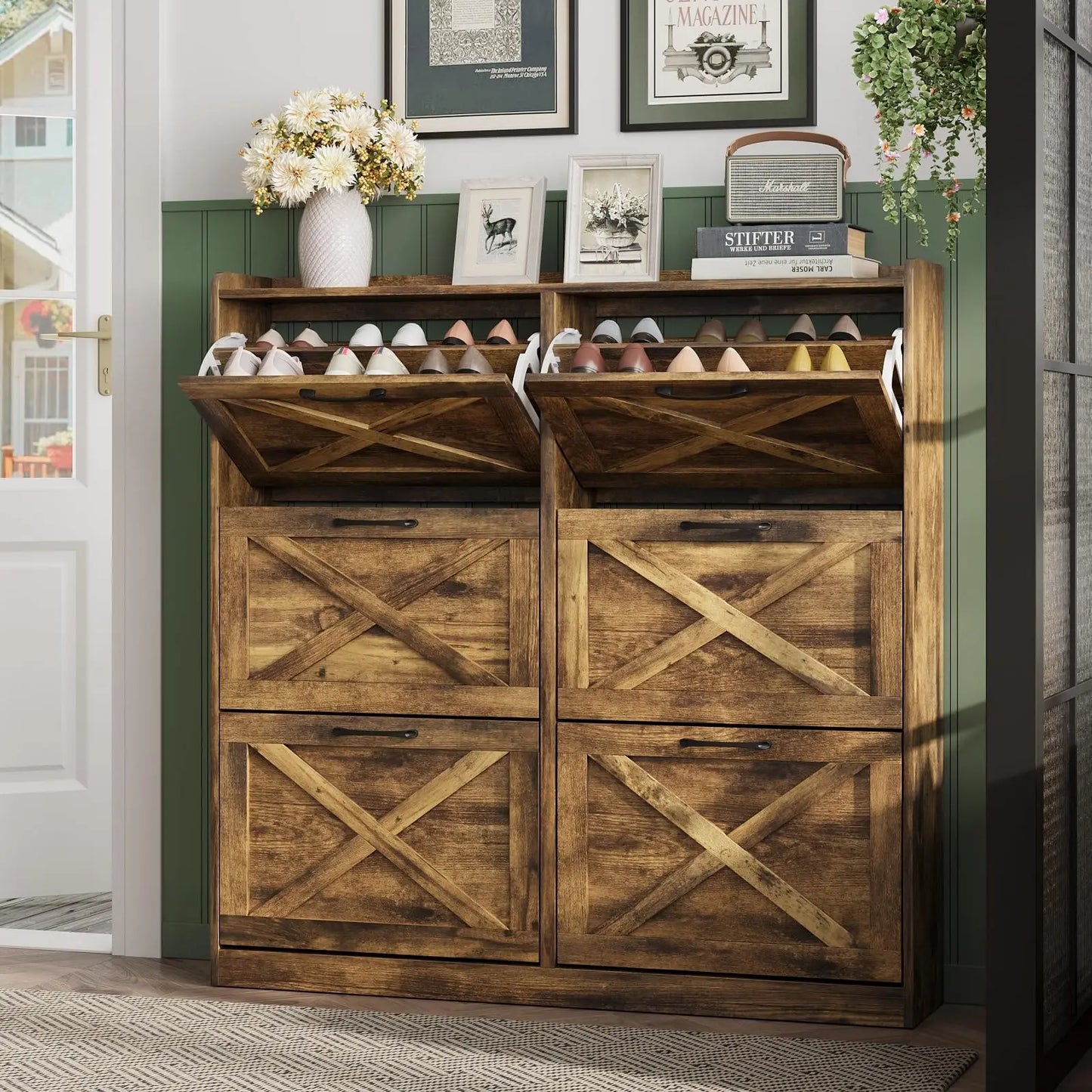 Vabches Shoe Cabinet With Flip Drawers And Metal Handles