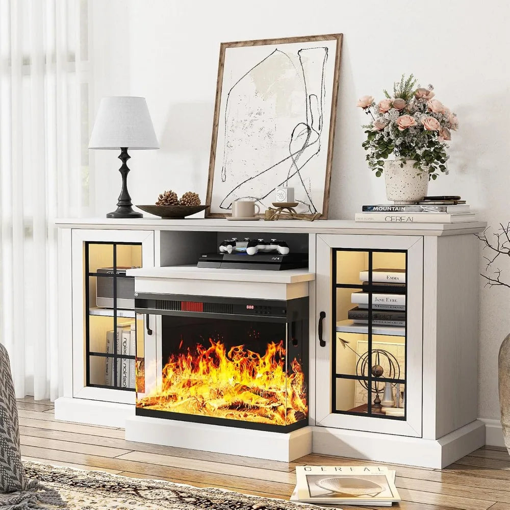 Fireplace TV Stand With Glass Sides And LED Flame Effect
