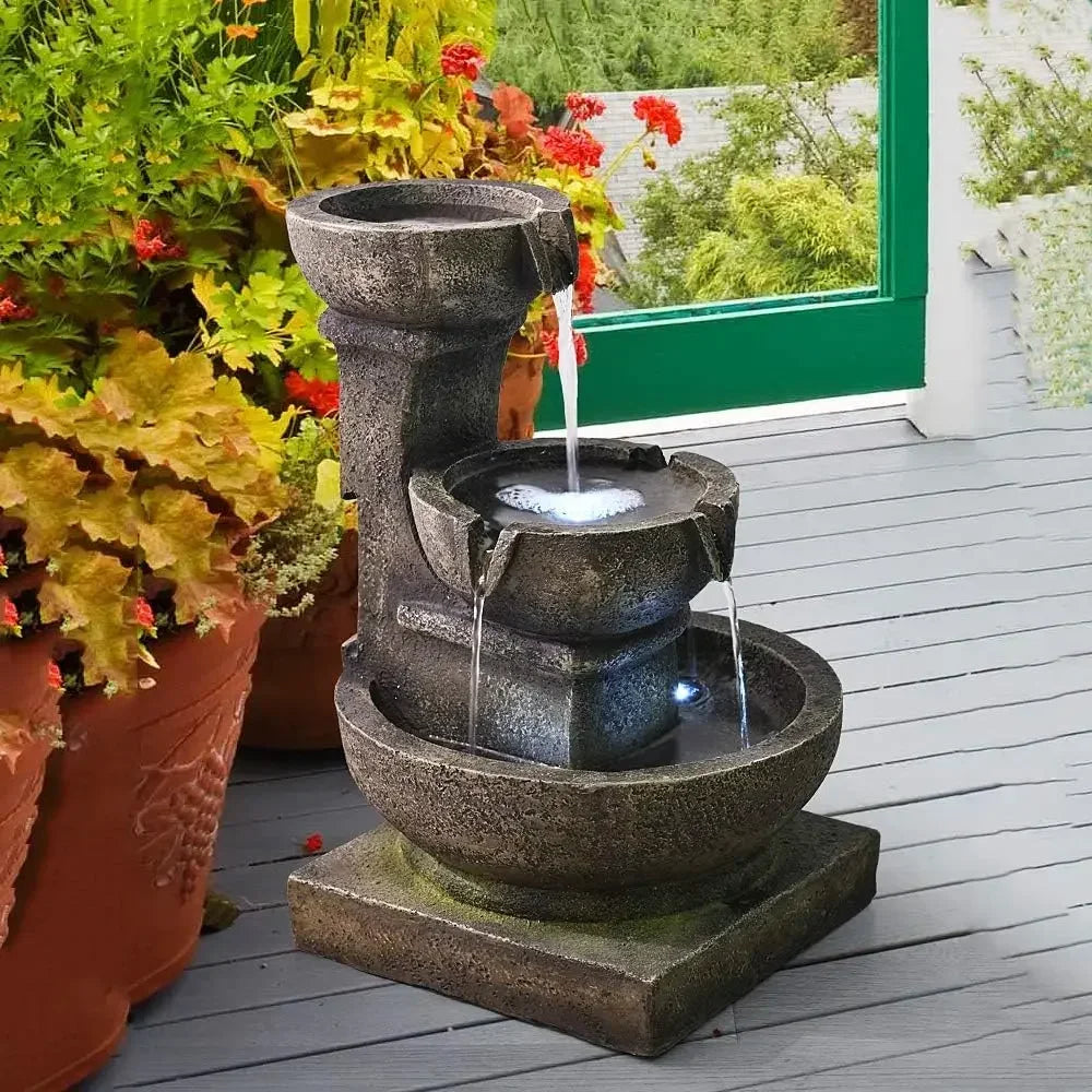 XMSJ Outdoor Waterfall Fountain for Garden with LED Lights