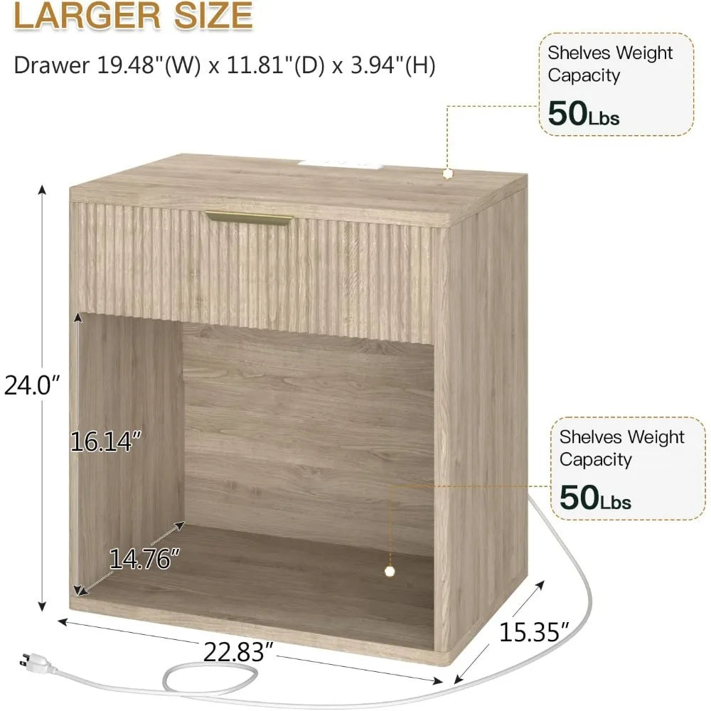 Fluted Nightstand With Charging Station Bedside Table