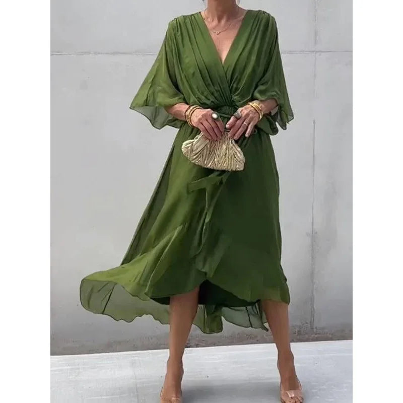 Lace Up Maxi Dress with V Neck Half Sleeve Women Casual