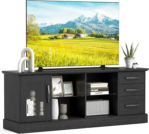 Feicheng Farmhouse TV Stand Wood Console With Glass Shelves