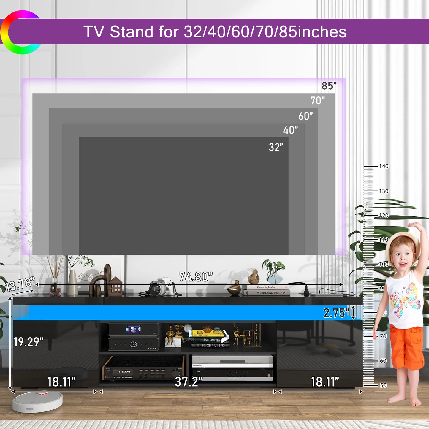QiaoShiRen Modern LED TV Stand With Power Outlet Storage