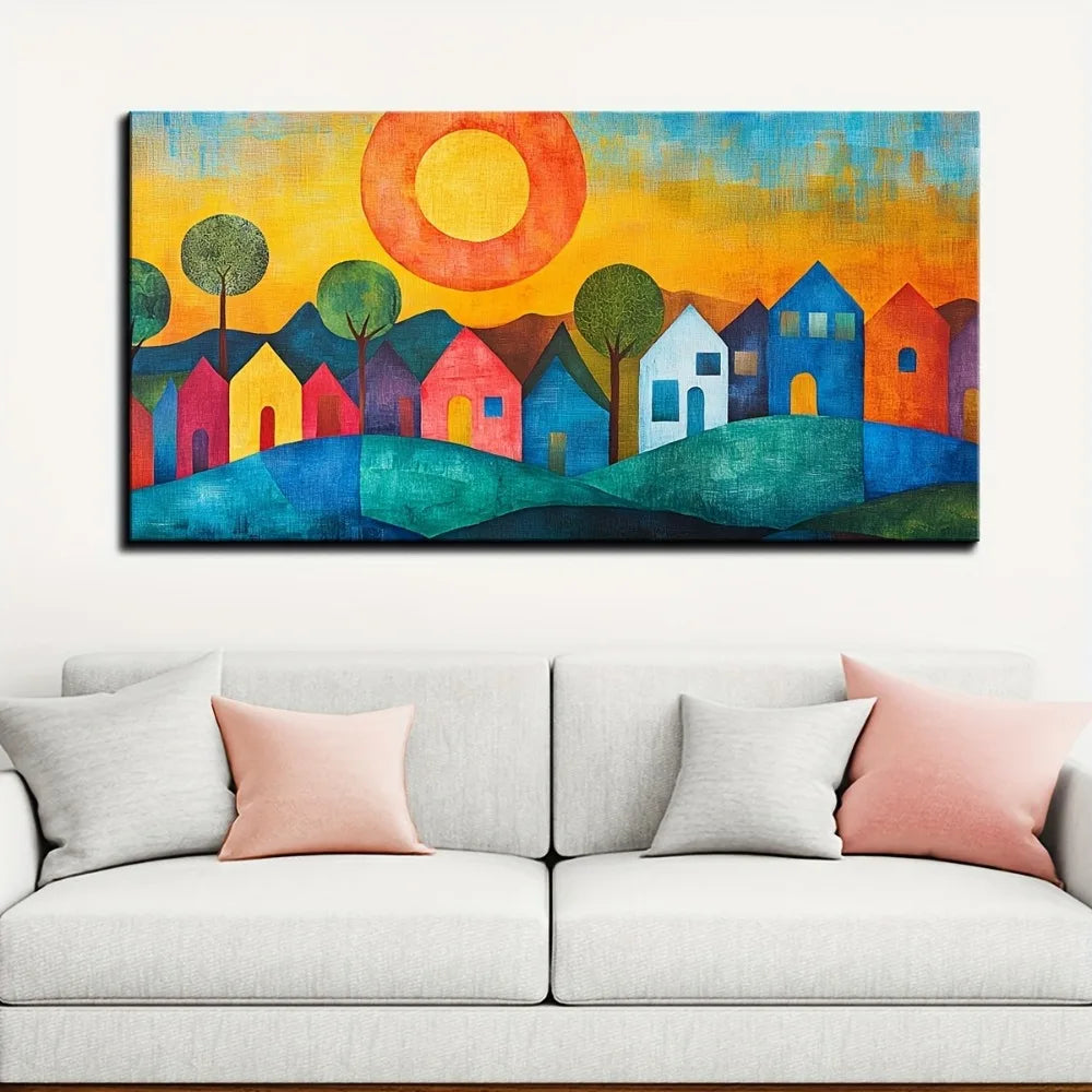 Abstract House Canvas Wall Art Print With Pine Frame