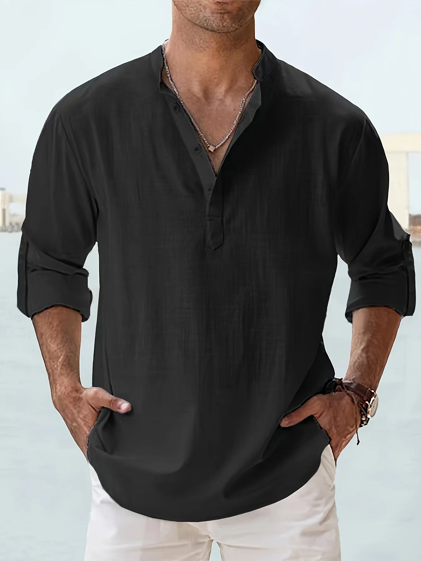Men's Linen Stand Collar Long Sleeve Shirt Solid Pattern