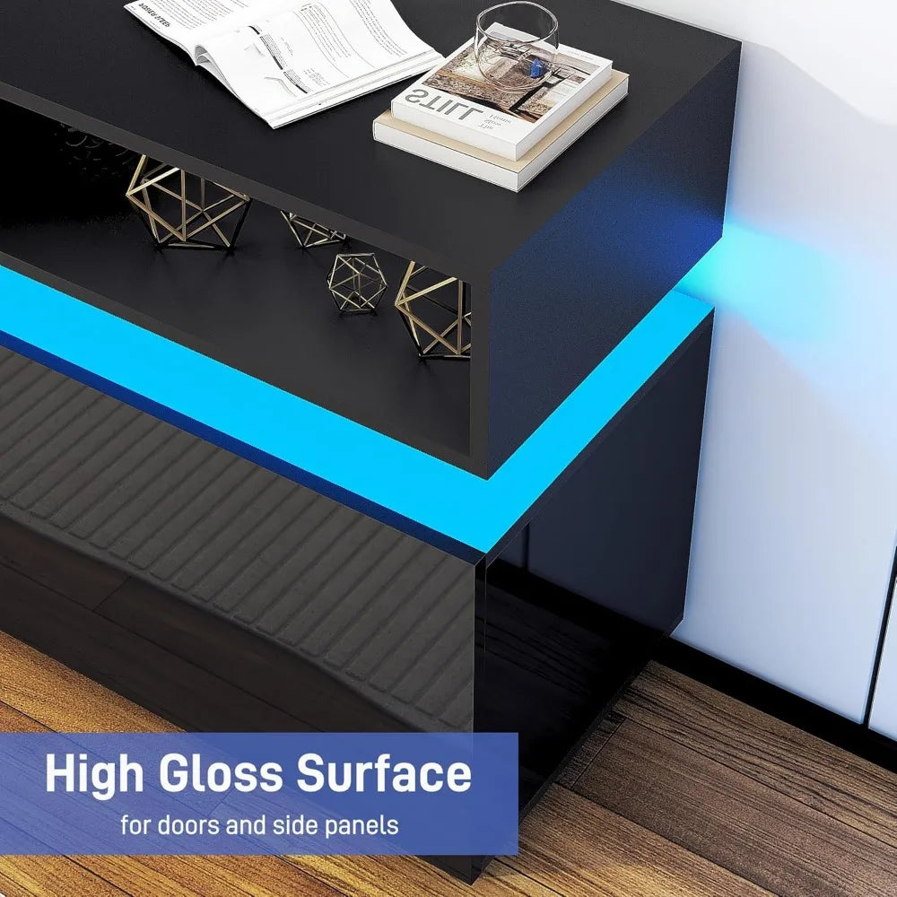 Modern Tall TV Stand With Glass Doors Storage Console
