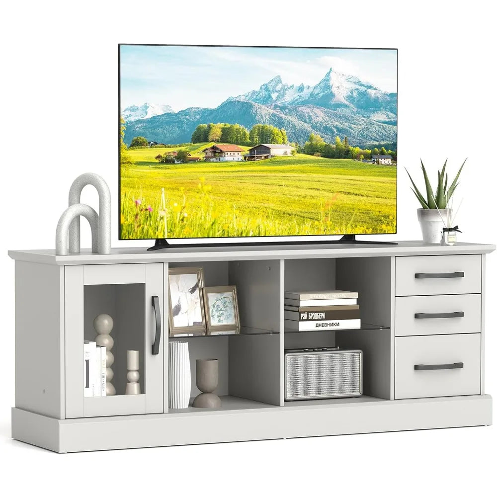 Feicheng Farmhouse TV Stand Wood Console With Glass Shelves