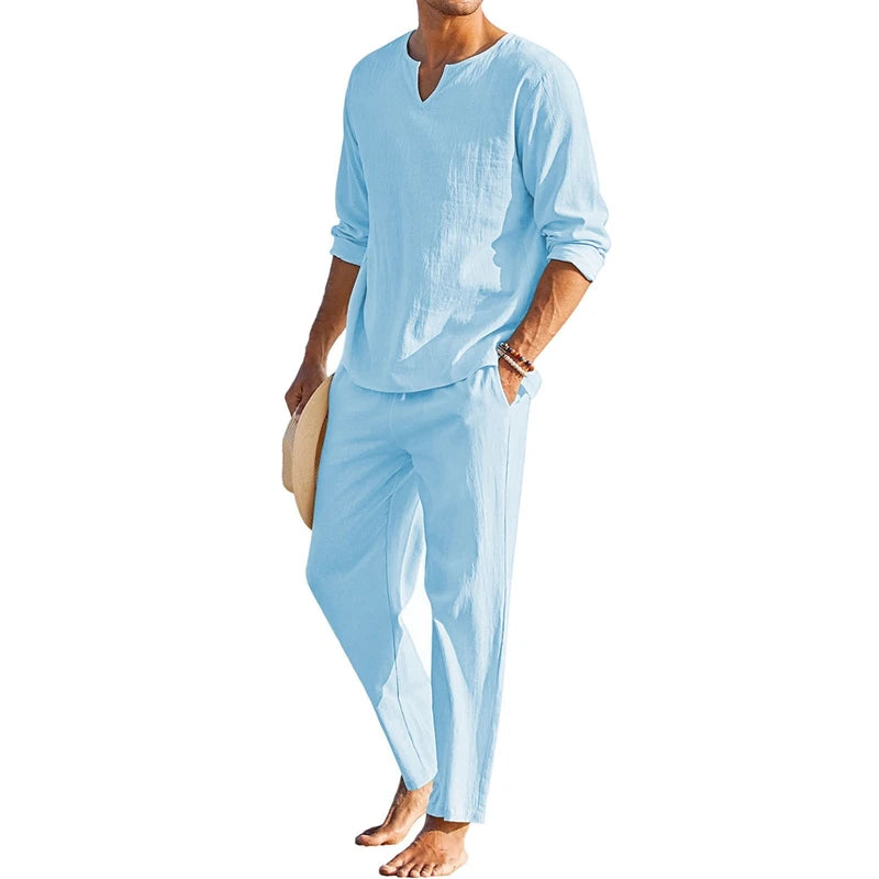 Cheervilla Mens Summer Cotton Linen Henley Shirt Lounge Set