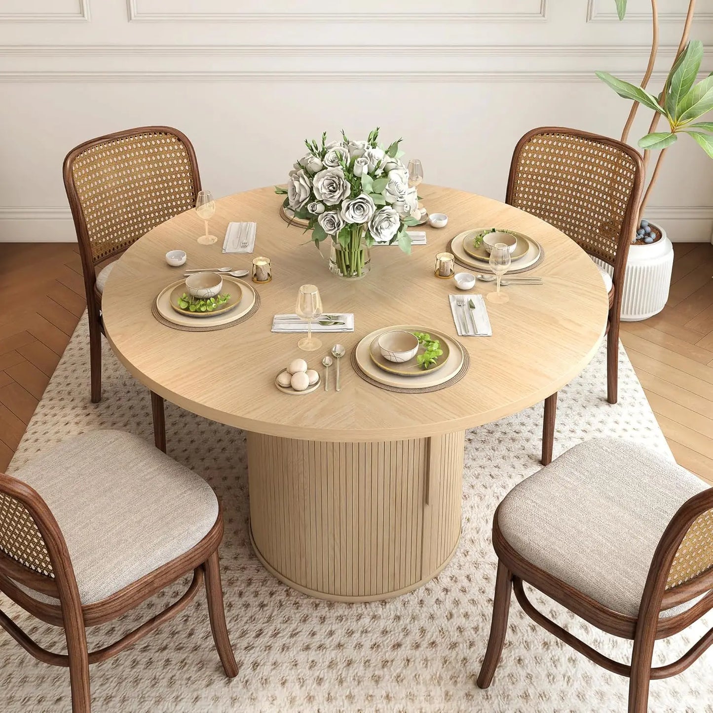 XMSJ Modern Round Dining Table For Four With Hidden Storage