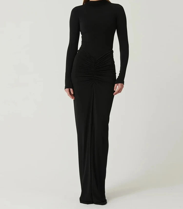 Shirring Women Classic Maxi Dress Long Sleeve High Collar