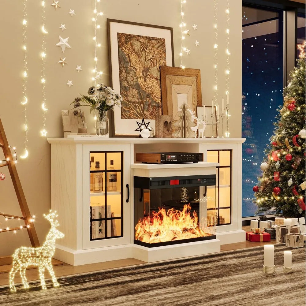 Fireplace TV Stand With Glass Sides And LED Flame Effect