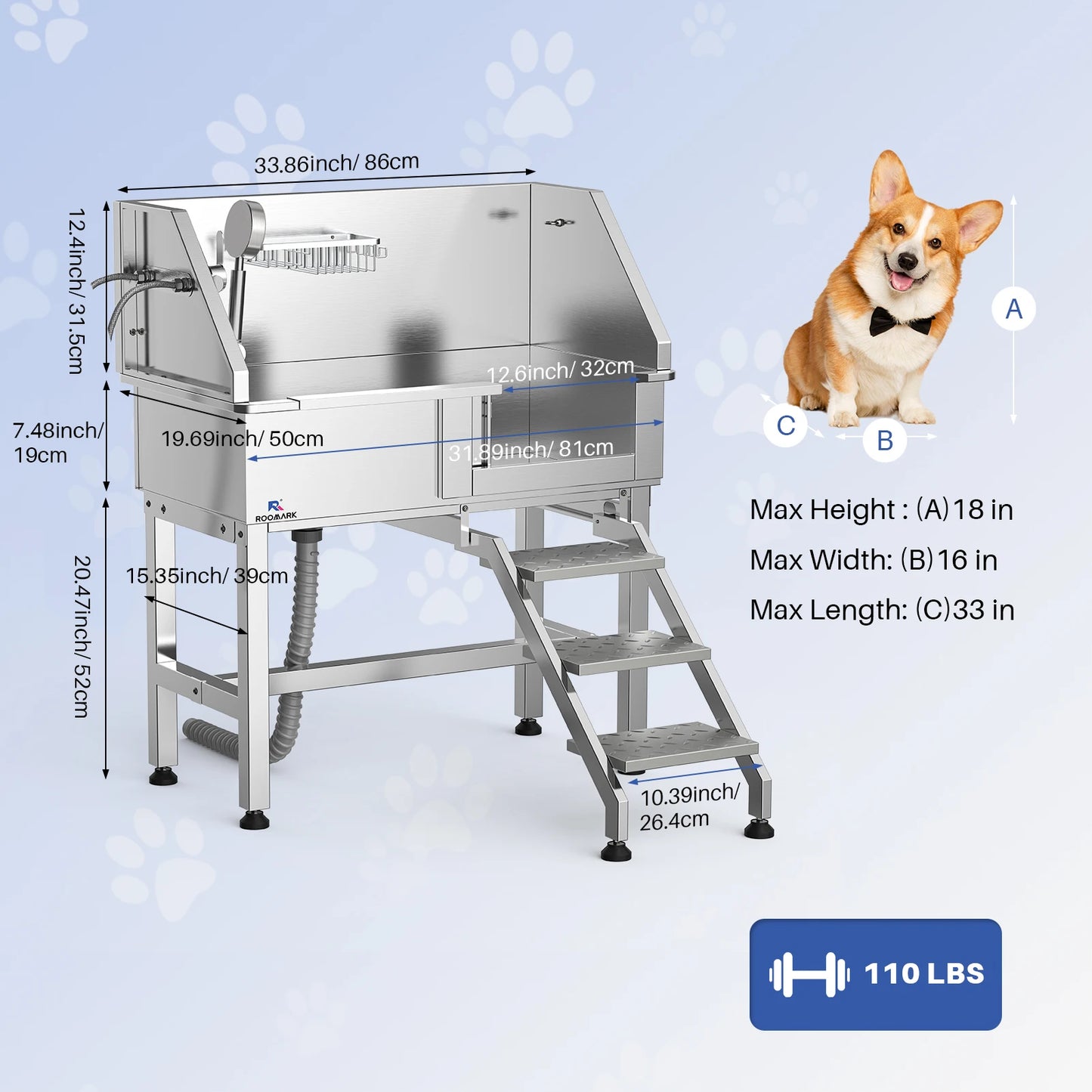 ROOMARK Stainless Steel Dog Grooming Tub with Faucet Accessories