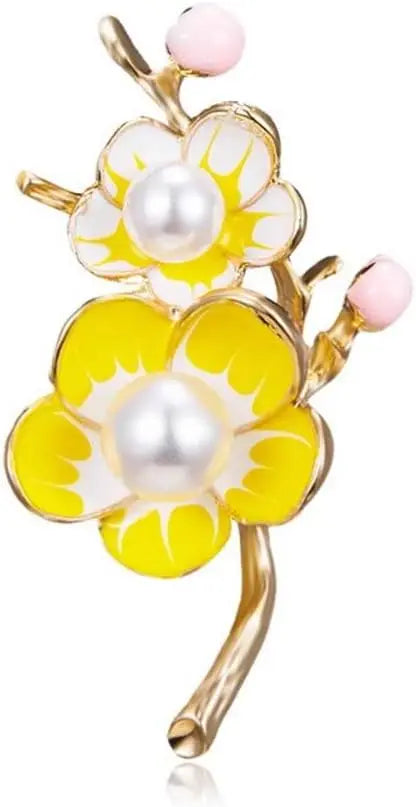 Elegant Plum Blossom Enamel Brooch Pin Gold Plated Flower