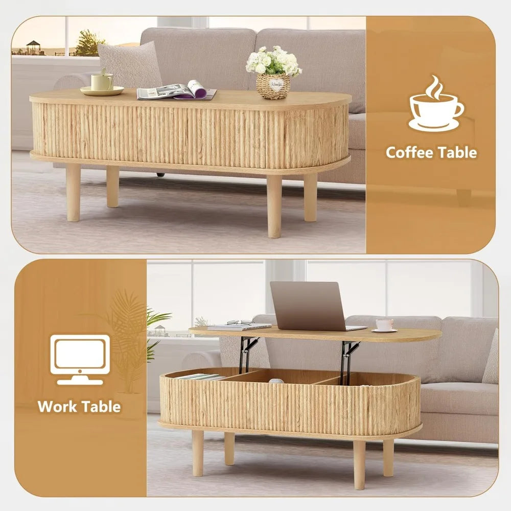 XUYUAN Modern Oval Lift-Top Coffee Table with Hidden Storage