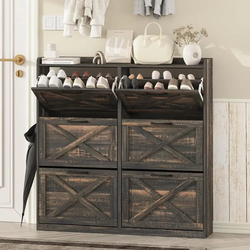 Vabches Shoe Cabinet With Flip Drawers And Metal Handles