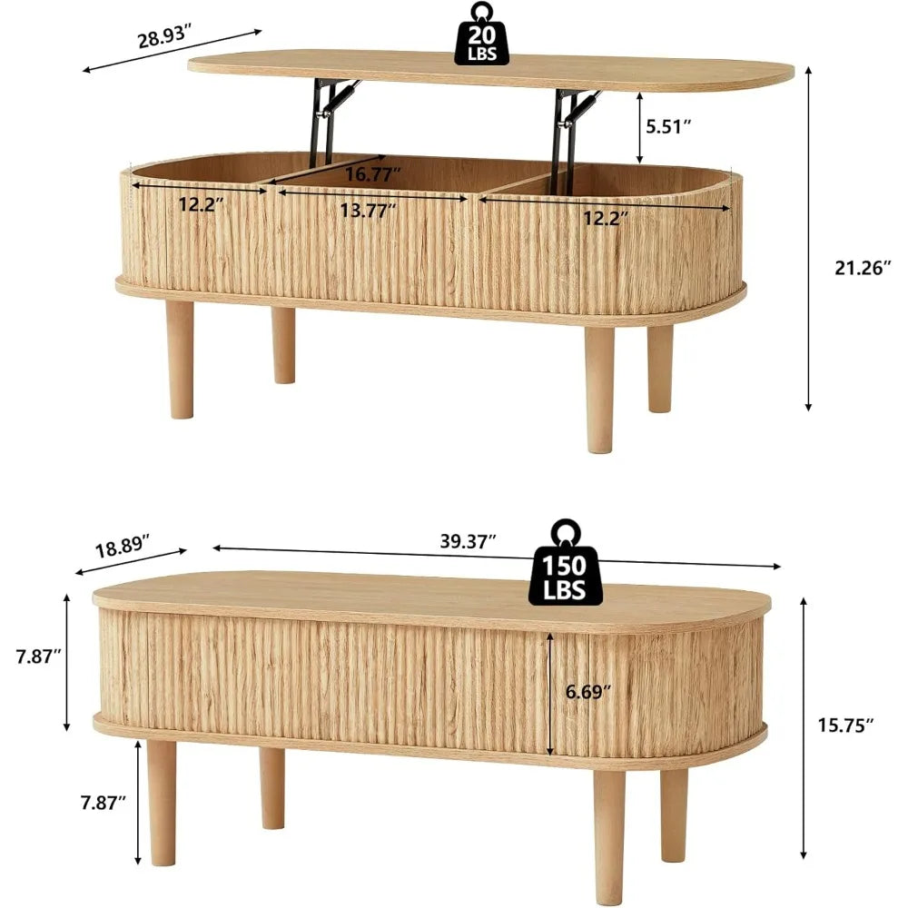 XUYUAN Modern Oval Lift-Top Coffee Table with Hidden Storage