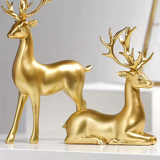 1 pair of 2 Golden Christmas deer, resin craft ornament, Christmas decoration ornament, very suitable for indoor foyer wine cabinet placement, suitable for Christmas, Thanksgiving, New Year decoration, Indoor Decor, Festive O
