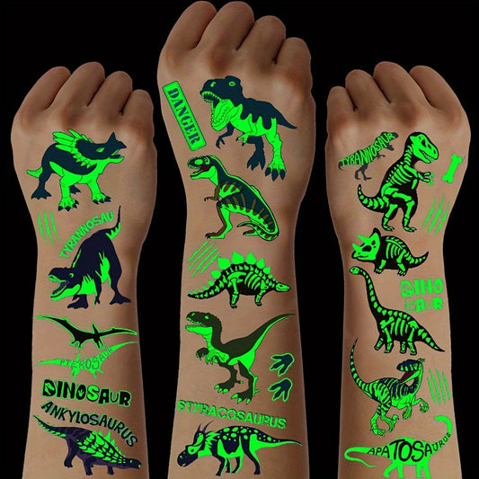 10 Sheets of Luminous Waterproof Glow-in-the-Dark Dinosaurs Temporary Tattoos, Featuring T-Rex, Pterosaur, Velociraptor, Triceratops, and Stegosaur Designs in Rectangular Shape, Perfect for Dinosaurs Birthday Party Supplies,