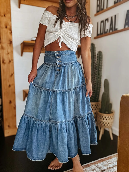 Denim Bohemian A Line Skirt Layered Cake Ruffle Design
