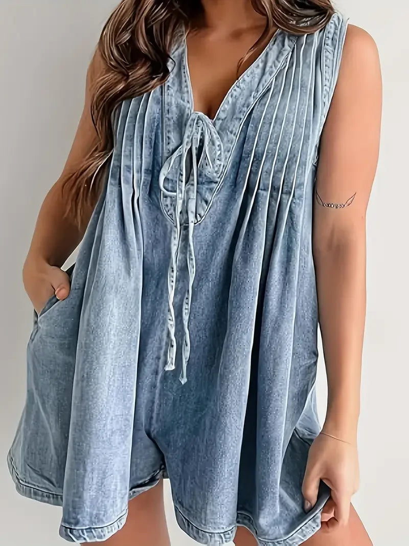 Cheervilla Denim Sleeveless Bodysuit Front Tie Jumpsuit