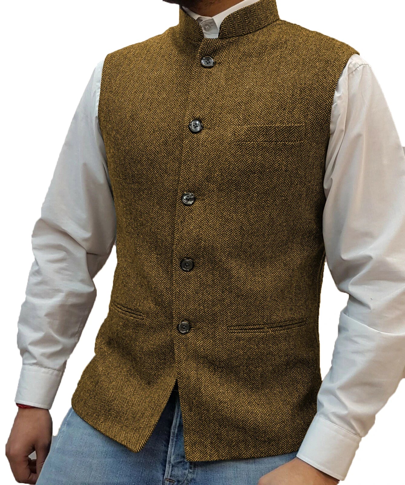 Herringbone Wool Sleeveless Waistcoat Men Slim Fit Wedding