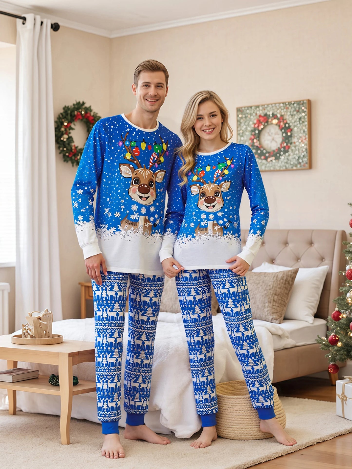 Christmas Family Pajamas Set Snowflake Reindeer Print