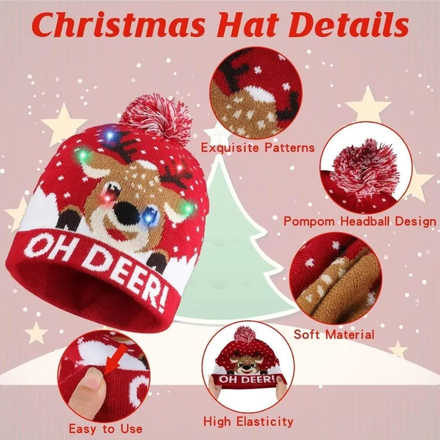 Light Up Christmas Hat Christmas Knitted Beanie Hat with Cute Cartoon Design and 6 Colorful LED Lights Ideal for Holiday Partie