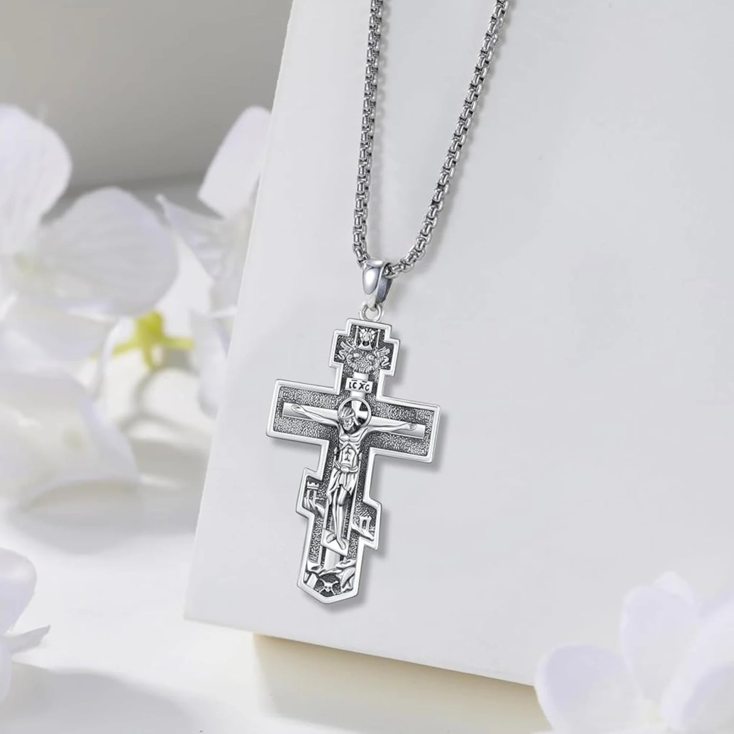 DRINSPER 925 SterlingSilver OrthodoxCross Necklace Pendant ReligiousAmulet For MenWomen GiftIdea