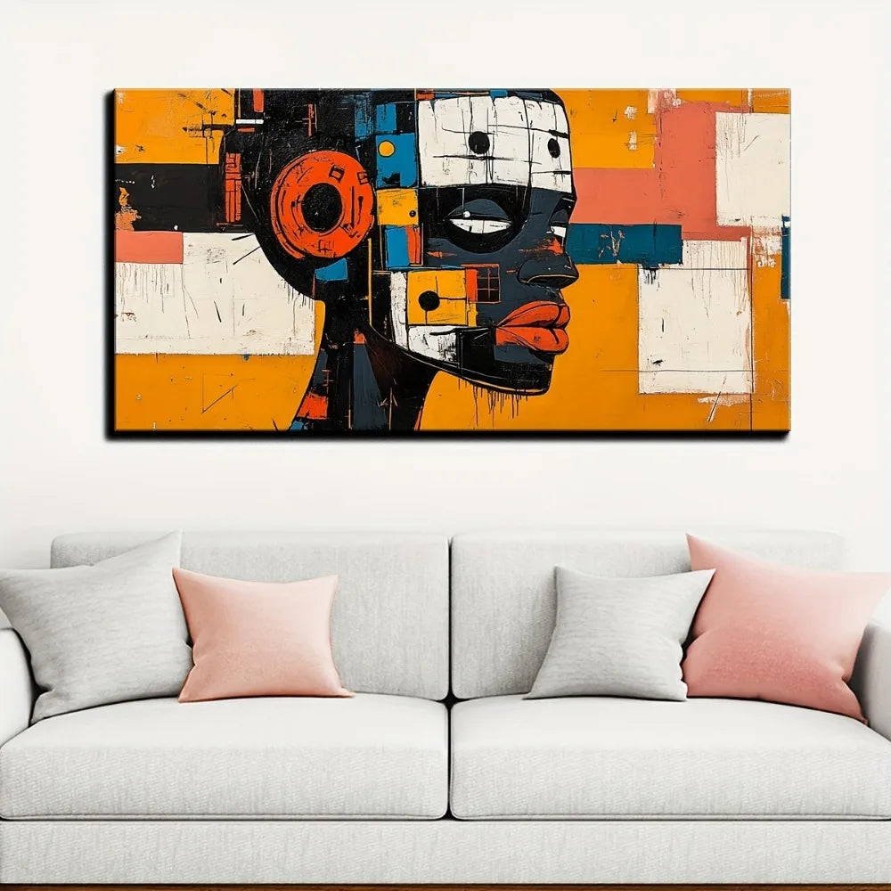 Abstract Robot Portrait With African Mask In Pine Frame