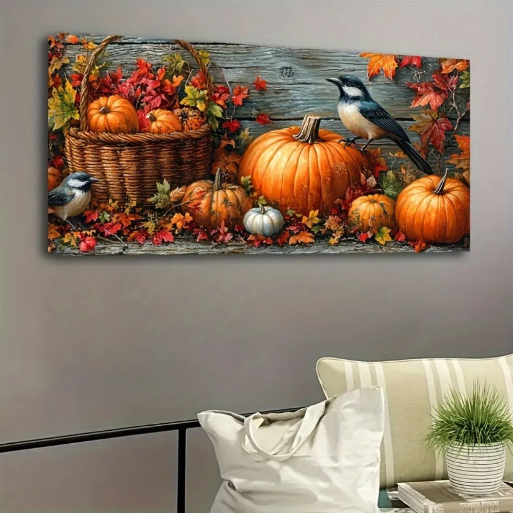 Fall pumpkin canvas painting, wall art, vibrant fall foliage and bird design with 1.5 inch thick pine solid wood frame