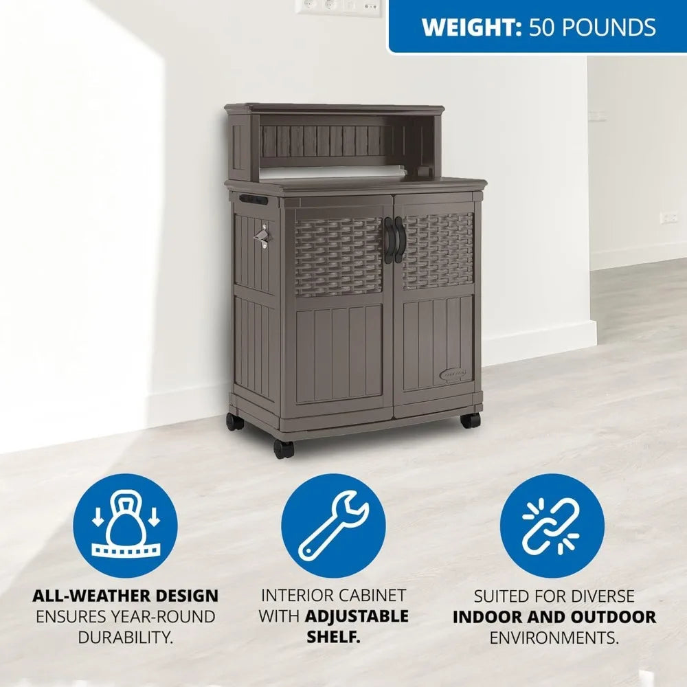 High-concerned Patio Storage And Prep Station With Decorative Wicker PanelSystems