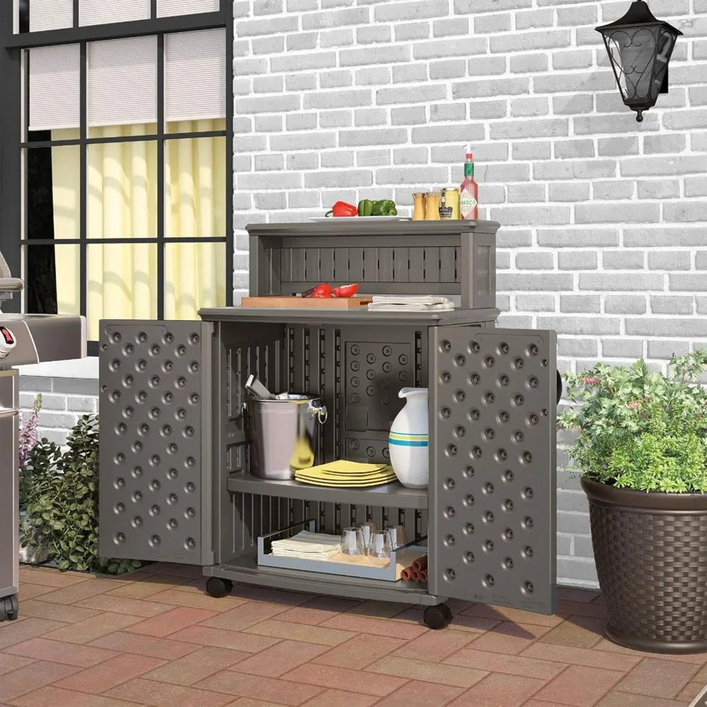 High-concerned Patio Storage And Prep Station With Decorative Wicker PanelSystems